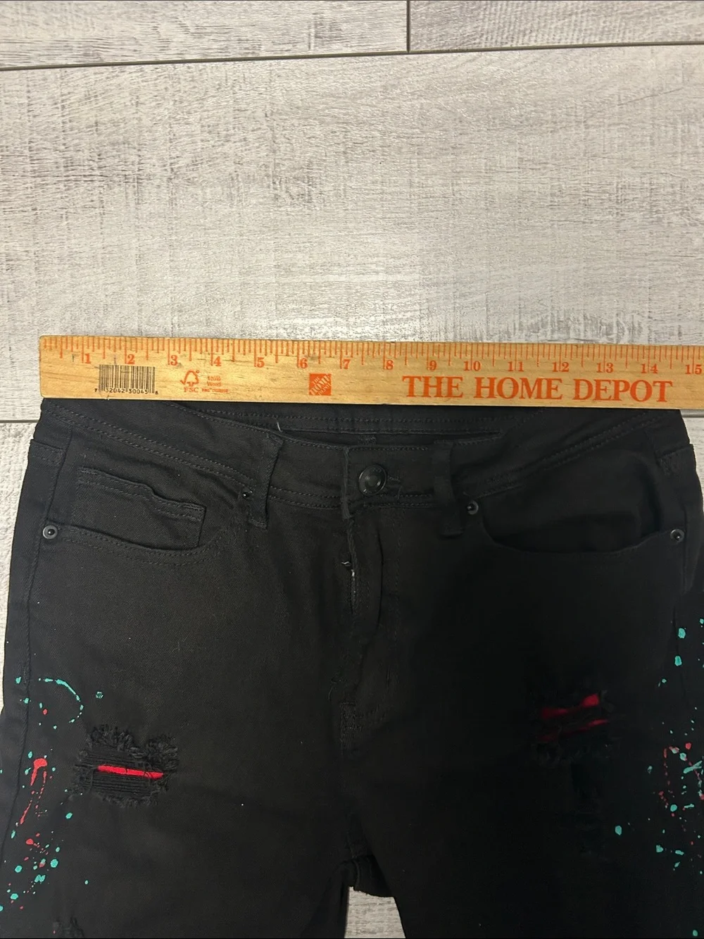 Rue21 Black Distressed Jeans with Red and Teal Paint Splatter